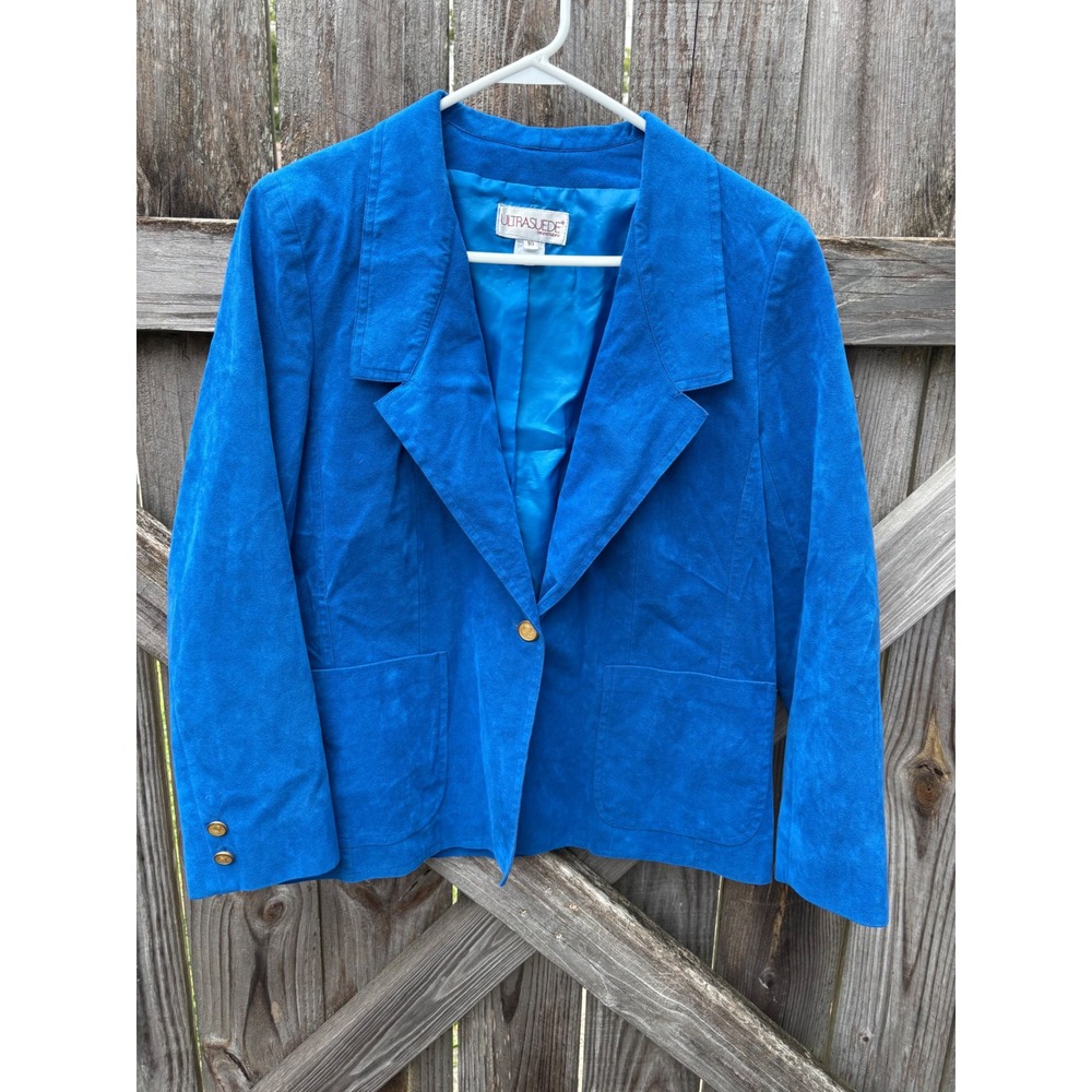 Vintage Ultrasuede Royal Blue Blazer Jacket Gold Crest Button Size 10 USA Made